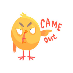 Came out, funny angry cartoon comic chicken showing hand gesture vector Illustration