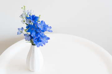 High angle close up view of blue delphinium flowers in small white vase on round table (selective focus)