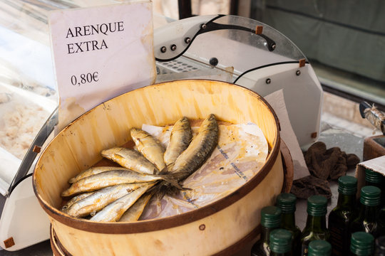 Herring (arenque) extra for sale at Sineu market, Majorca, Spain