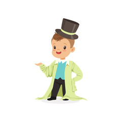 Adorable boy wearing dult oversized clothes and black top hat, kid pretending to be adult vector Illustration