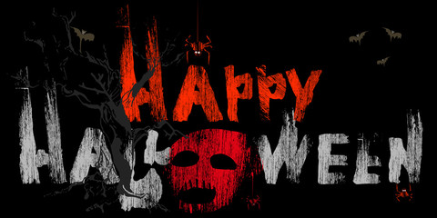 Happy Halloween, slogan, banner, open on a black background. spiders in the night