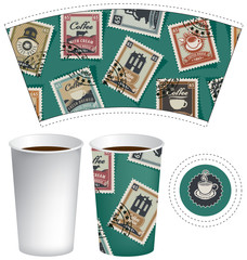 Vector template paper cup for hot drink. Disposable cup for tea or coffee with set of postage stamps on the theme of coffee house in retro style