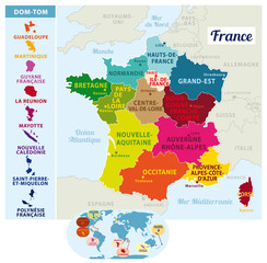 Carte de France vectorielle. Nouvelles régions depuis 2016 avec situation des Dom-Tom sur un planisphère. Illustration II.