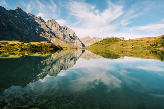 Truebsee mountain lake panorama at Titlis Engelberg in Switzerland
