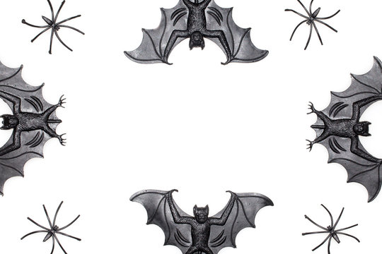 Halloween border image with novelty spooky bat and spider toys on white background