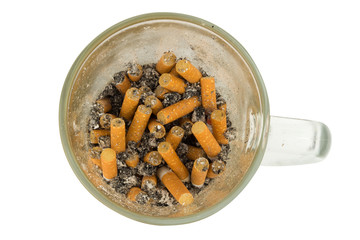 water glass ashtray cigarette isolated on white background