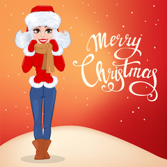 Merry Christmas greeting card with beautiful woman in winter clothes.