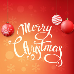 Merry Christmas greeting card with Christmas tree toys and hand drawn lettering