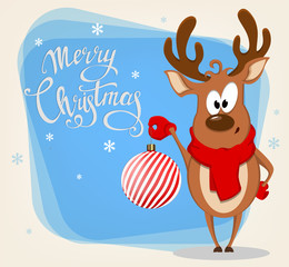 Merry Christmas greeting card with hand drawn lettering and funny reindeer holding Christmas tree toy.