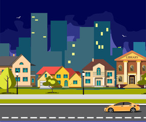 Night city cartoon with road.