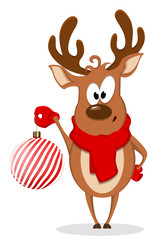 Merry Christmas greeting card with funny reindeer holding Christmas tree toy.