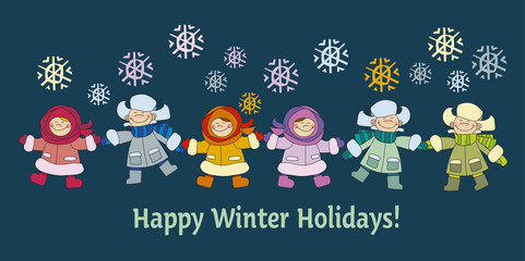 happy new year and xmas poster template with kids in winter wearing. bays and girls christmas vector illustration for flayer, brochure, header, card..