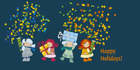 happy new year and xmas poster template with kids in winter wearing. bays and girls christmas vector illustration for flayer, brochure, header, card..