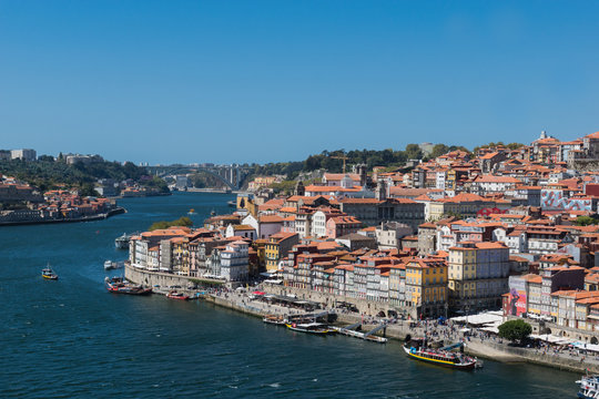 Top view of Douro river and old Porto downtown, Portugal.
