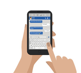 Hand holding mobile phone and send message.Vector illustration. Smartphone chat, dialog. Social network.