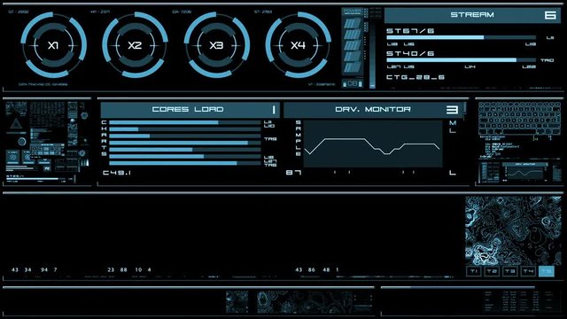 Light blue futuristic interface/Digital screen/Detailed abstract background. Blinking and switching indicators of command center computer,processing data, AI.
