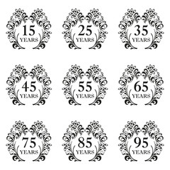 Anniversary laurel wreath icon set isolated on white background. 15, 25, 35, 45, 55, 65, 75, 85, 95 years. Template for congratulation design. Vector illustration.