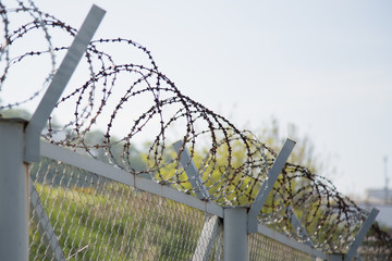 Fence with a barbed wire on it.