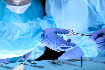 Surgeons hands holding surgical scissors and passing surgical equipment, close-up. Health care and veterinary concept