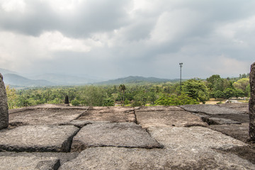Fototapeta na wymiar Ancient ruins of the Prambanan temple view of the mountains in Yogyakarta