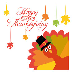 Happy Thanksgiving. Vector illustration. Greeting card with funny cartoon turkey