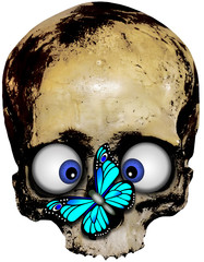 Cross-eyed Skull with blue butterfly