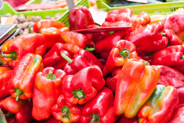 Red bell peppers (also known as sweet peppers or capsicum) for sale at Sineu market, Majorca, Spain