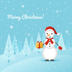 Snowman on a snowfall background and a Christmas tree