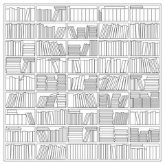Obraz premium Books On A Bookshelf. Outline Vector Drawing of a Bookshelf
