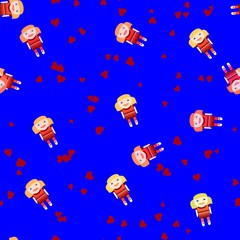 Playful seamless pattern with cute doll and red hearts on ultramarine blue