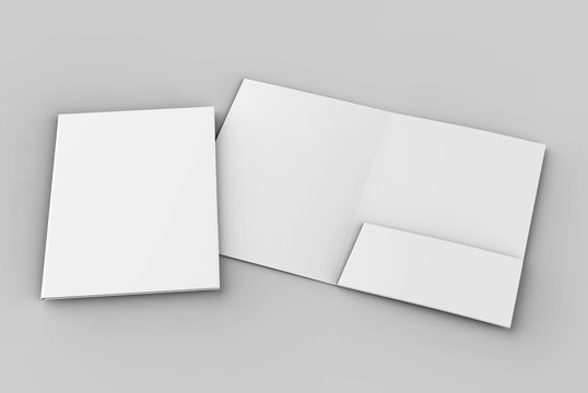 Blank white reinforced A4 single pocket folders on grey background for mock up. 3D rendering.