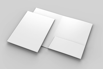 Blank white reinforced A4 single pocket folders on grey background for mock up. 3D rendering.