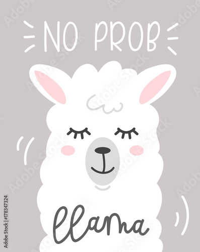 "No prob-llama cute card with cartoon llama. Motivational 