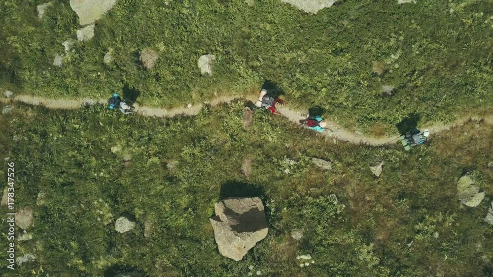 Wall mural aerial shooting from flying drone hiking group walking on mountain trail