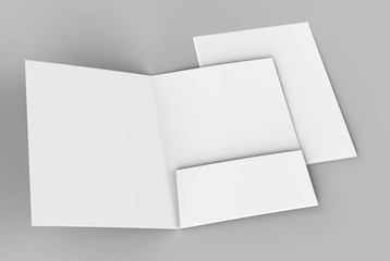 Blank white reinforced A4 single pocket folders on grey background for mock up. 3D rendering.