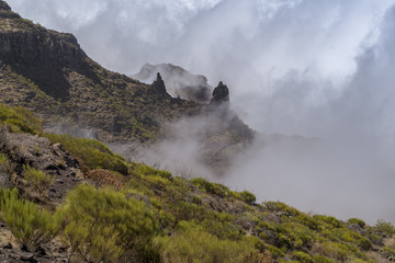 Lavalandschaft auf Teneriffa im Nebel