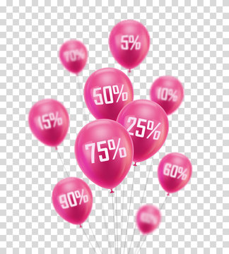 Flying pink discount balloon. Offer various discounts price on sale days, Promotional marketing for shopping concept design image. Vector illustration on transparent background