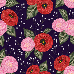 Fototapety  Seamless pattern with pink camellias, red ranunculus and gypsophila. Decorative holiday floral background. Vintage vector illustration in watercolor style