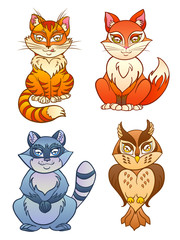 Obraz premium cute animals set. isolated vector animals in cartoon style including fox, owl, raccoon, cat.