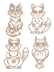 cute animals set. isolated vector animals in cartoon style including fox, owl, raccoon, cat.