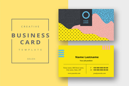 Trendy minimal abstract business card template in memphis style. Modern corporate stationary id layout with geometric lines. Vector fashion background design with information sample name text.