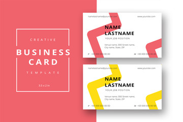 Trendy minimal abstract business card template in red and yellow. Modern corporate stationary id layout with geometric lines. Vector fashion background design with information sample name text.