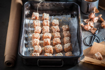 Milky homemade fudge with sesame and sugar