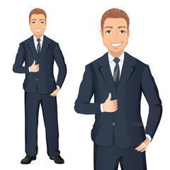 Business man in dark blue suit smiles and shows thumbs up. Full length portraits of elegant, handsome man in suit isolated on white background. Flat design. Vector cartoon illustration