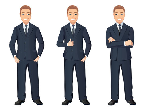 Business man in dark blue suit in different poses. Confident handsome man, full length, dress code. Flat design, vector cartoon illustration