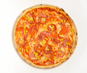 Pepperoni or Hawaiian pizza with pineapple bits. Italian cuisine