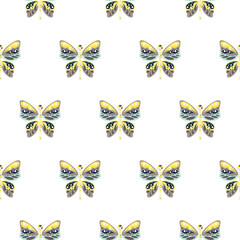 Butterfly yellow and blue baby seamless vector pattern. Cute insect repeat background for fabric textile, muslin blanket and wallpaper design.