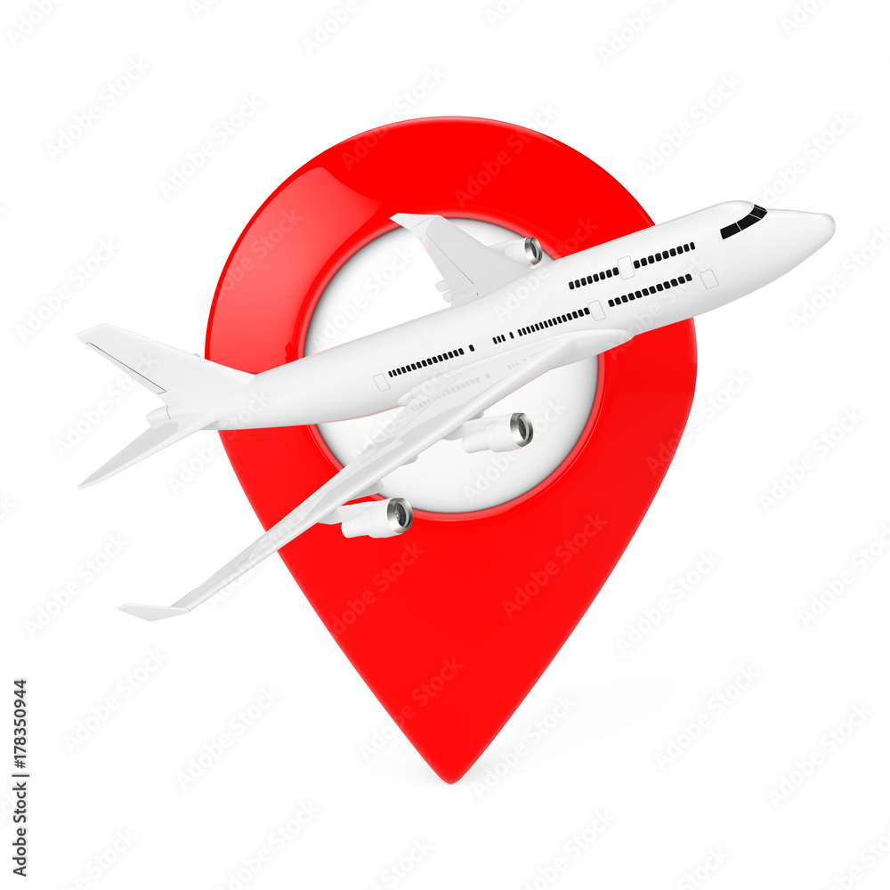 Leinwandbilder white jet passenger's airplane with red map target pin. 3d rendering
