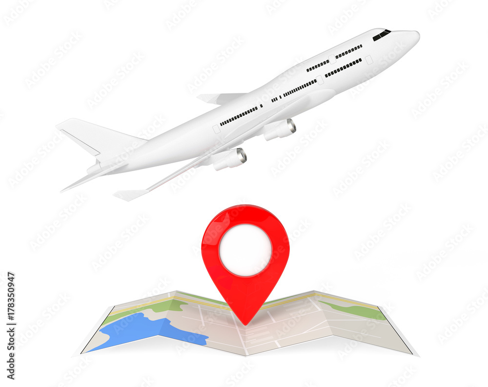Poster white jet passenger's airplane over folded abstract navigation map with target pin. 3d rendering