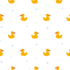 Cute ducks float on pond white seamless vector pattern. Cute kid cartoon repeat background for fabric textile, muslin blanket and wallpaper design.